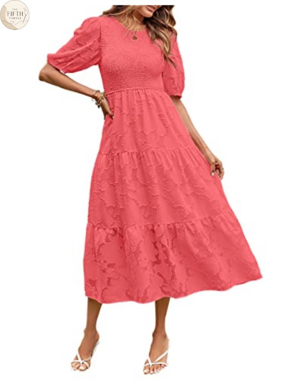 Women's Summer Puff Sleeve Tiered Midi Dress Floral Chiffon Smocked